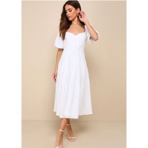 Heavenly Energy White Textured Puff Sleeve Pleated Midi Dress